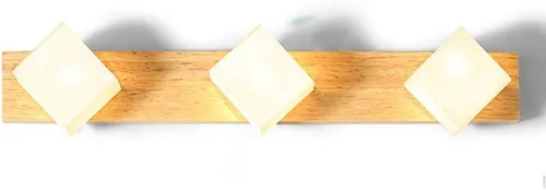 Vista 4 de Espejo de madera con cabeza giratoria frontal, aplique de pared con base de madera, cubo de vidrio blanco, pantalla de baño, lámpara de pared