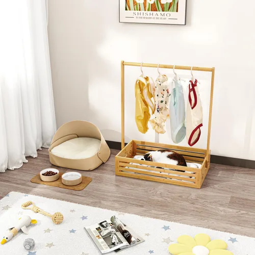 Vista 4 de BAMBOOHOMIE Perchero para Ropa de Bebé para Niños Pequeños, Perchero para Ropa de Mascotas con Caja de Almacenamiento y Barra Colgante Ajustable