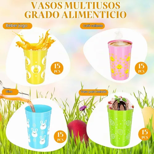 Vista 3 de Meanplan 60 vasos de plástico reutilizables de Pascua, vaso de fiesta de conejo, 12 onzas, tazas de café, café, decoración de Pascua, suministros