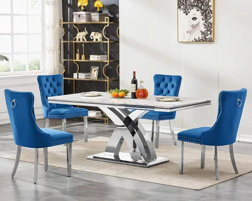 Vista 24 de Juego de mesa de comedor de 5 piezas para 4, mesa de cocina de mármol negro de 68 pulgadas con 4 sillas beige, mesa de comedor rectangular moderna