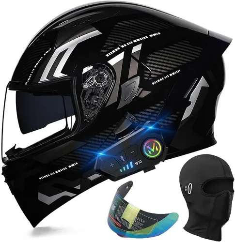 Vista 15 de Casco de motocicleta modular con Bluetooth, aprobado por DOT, casco de cara completa abatible, con visera doble, altavoces duales y micrófono