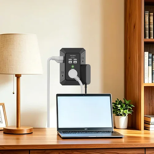 Vista 4 de Cargador de pared, protector de sobretensiones, extensor de 5 salidas con 4 puertos de carga USB (2USB-C), adaptador de enchufe múltiple de 3 lados