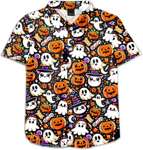 Vista 14 de Remimi Camisa unisex de Halloween para niños, camisetas hawaianas de manga corta con botones feos de 5 a 14 años Christmas Gift