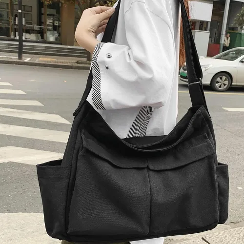 Vista 7 de Bolso bandolera de lona con broches y colgante, lindo, para mujeres y niñas, bolso de hombro casual, estético, para la escuela