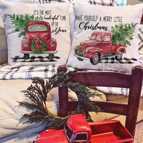 Vista 2 de CARRIE HOME Fundas de almohada navideñas de 18 x 18 pulgadas, paquete de 2 fundas de almohada rústicas de Navidad de camión rojo para decoraciones