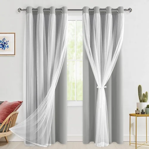 Vista 15 de Hiasan Cortinas opacas con superposición transparente, aislamiento térmico para mezclar y combinar de doble capa, cortinas de oscurecimiento de Beige
