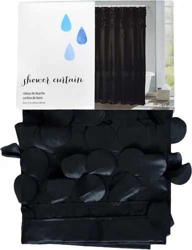 Vista 2 de Cortinas de ducha de tela para baño (seda sintética negra con círculos cortados con láser)