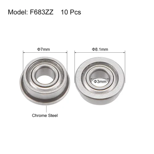 Vista 2 de Uxcell F683ZZ - Rodamientos de bolas con brida, 3 x 7 x 3 mm, acero cromado con blindaje, 10