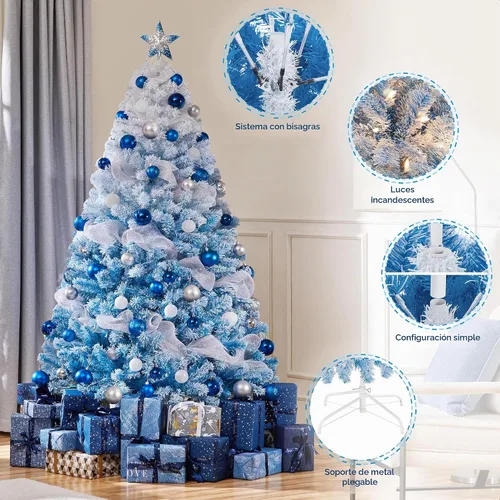 Vista 4 de Yaheetech - Árbol artificial de Navidad de 6 pies preiluminado con 250 luces incandescentes de color blanco cálido, con flecos nevados y soporte