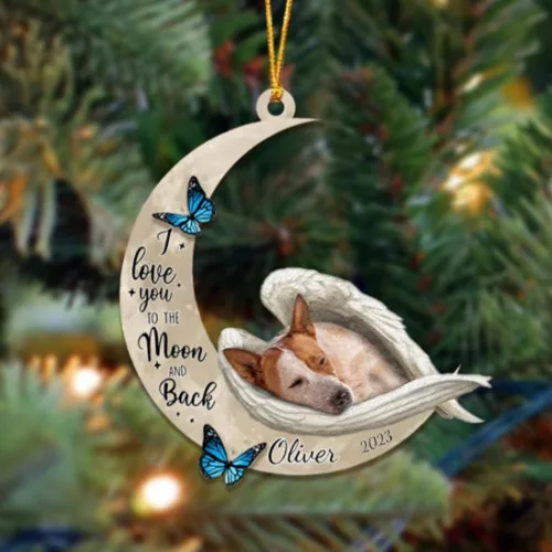 Vista 131 de Adorno colgante personalizado de ángel durmiendo en la luna, perro sabueso afgano, nombre personalizado, acrílico impreso en 2D plano – cumpleaños