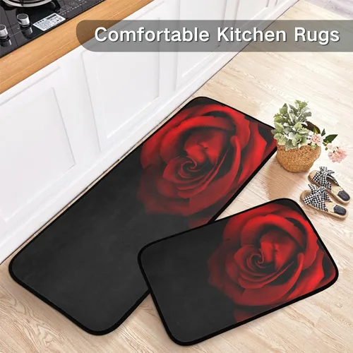 Vista 5 de Juego de 2 tapetes de cocina con rosas rojas, color rojo rosa, suave, antifatiga, juego de tapetes de cocina color negro con flores antideslizantes