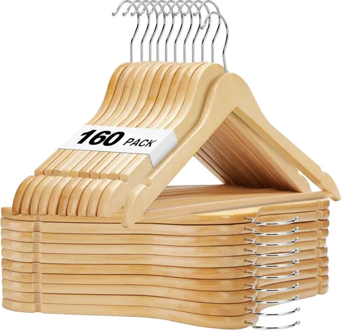 Vista 25 de HOUSE DAY - Paquete de 10 perchas de madera negra, percha de madera maciza con barra antideslizante para pantalones, percha de abrigo de madera Negro