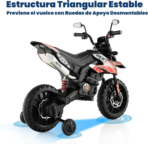 Vista 5 de OLAKIDS Motocicleta para niños, Aprilia RX125 12V con licencia, moto eléctrica de cross montable con ruedas de entrenamiento, suspensión de resorte