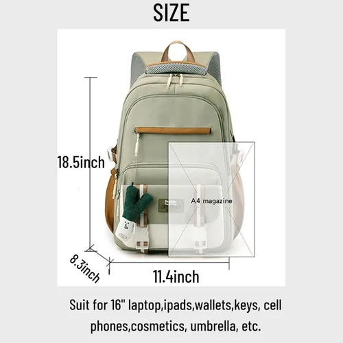Vista 7 de Mochila Kawaii con bonitos accesorios colgantes, bolsa de viaje, grande, impermeable, informal, para mujeres y hombres, Verde, Mochila Kawaii