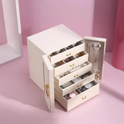 Vista 5 de AOSIFIEL Joyeros organizadoresestuche grande de pie con 5 cajones, regalo para mujeres, adolescentes, niñas, niños, gran joyeríasoporte de cuero