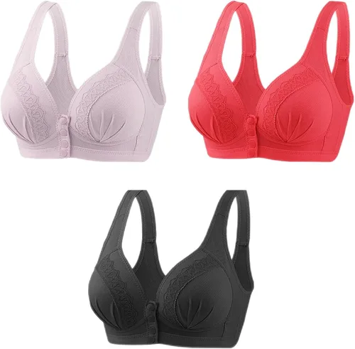 Vista 16 de Glamorette Snap Front Bra Older Women,Snap Front Bra, Sexy Lace Embroidered Bras,Pull-On Front Closure Button Bras 3 unidades de color negro.