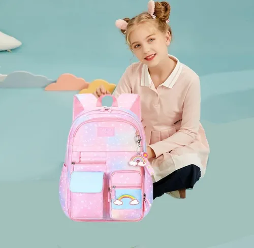 Vista 3 de Mochila infantil con diseño de arcoíris degradado para niñas, escuela primaria, con estampado de corazón, mochila escolar con compartimentos