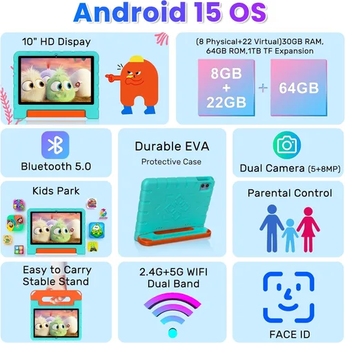 Vista 2 de Tableta infantil 2025 con Android 15 de 10 pulgadas para niños Octa-Core, 30GB+64GB (TF 1TB), tableta para niños pequeños con funda a prueba