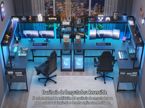Vista 2 de Aheaplus Escritorio en forma de L con toma de corriente, escritorio para juegos en forma de L con luz LED y alacena, escritorio reversible