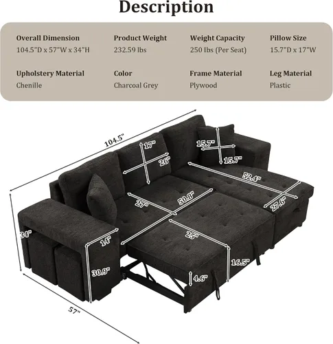 Vista 2 de Sofá modular en forma de L de 104 pulgadas con sofá cama extraíble, diván de almacenamiento y 2 almohadas, 2 taburetes, sofá reversible de felpilla