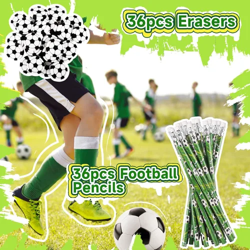 Vista 2 de Miucat Juego de 36 lápices de fútbol y borradores, instrumentos de escritura deportiva, divertidos lápices de madera para niños, recuerdos de fiesta