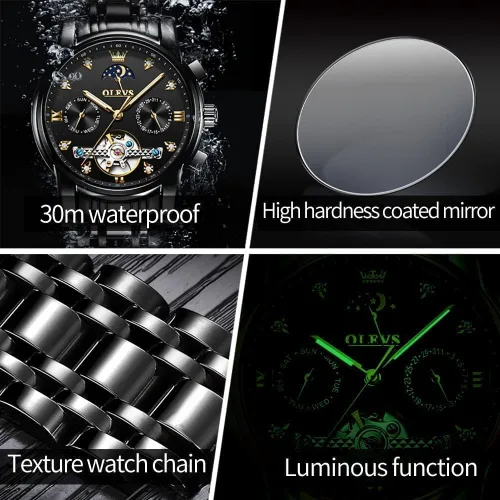 Vista 5 de OLEVS Relojes automáticos para hombre, esqueleto Tourbillon, reloj de pulsera de lujo con diamantes de cuerda automática, acero inoxidable