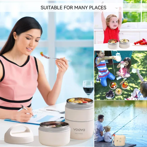 Vista 6 de Voova Lonchera térmica apilable de acero inoxidable con bolsa de almuerzo y juego de cultería para adultos, mujeres y hombres, 3 niveles a prueba