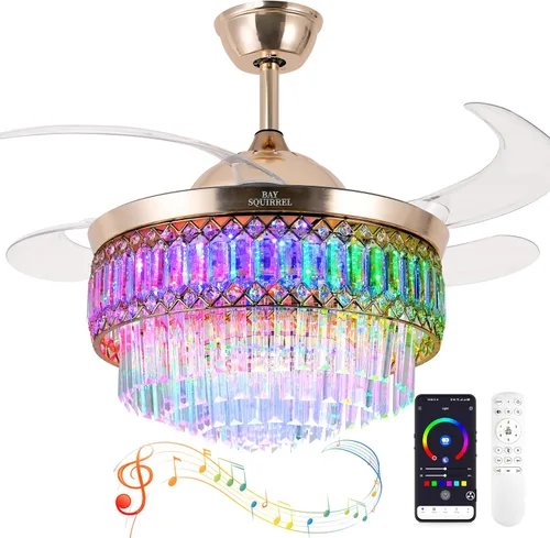 Vista 9 de Ventilador de techo retráctil de cristal con luces, ventilador de techo Bluetooth con altavoz, cuchillas reversibles de 6 velocidades, luz LED RGB
