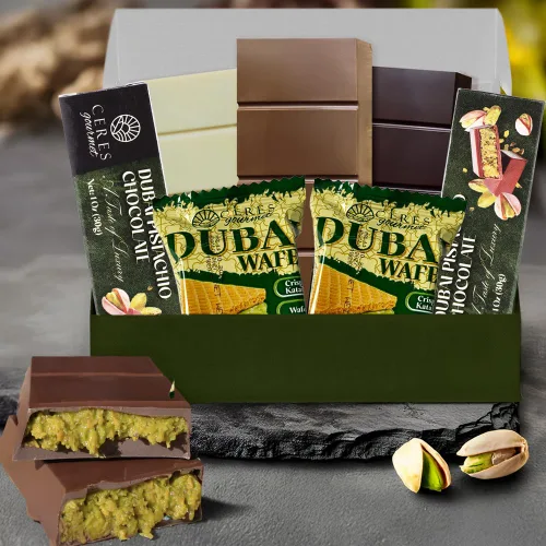 Vista 3 de Paquete Variado de Chocolate Dubai – 7 unidades, 3 de Chocolate con Leche, Oscuro y Blanco + 2 Obleas Dubai + 2 Mini Barras – Elegante Caja