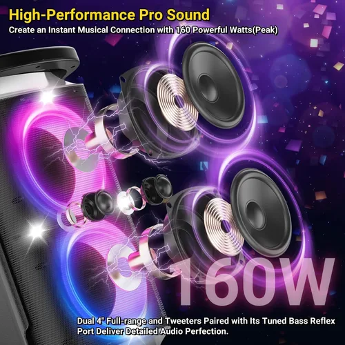 Vista 2 de QxbJoy Altavoz Bluetooth Portátil: Sonido Potente de 160W de Pico, Bajo Profundo Inalámbrico, Boombox Grande, Subwoofer Grande, 15 Horas de Duración