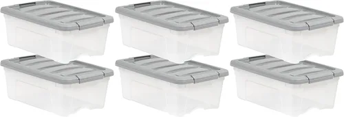 Vista 9 de Amazon Basics Contenedores de almacenamiento de plástico con tapas de cierre seguro, cubos organizadores apilables, transparente/gris, 5 cuartos