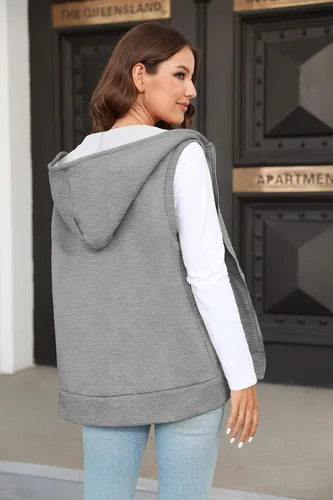 Vista 6 de Yousify Sudadera con capucha y bolsillos para mujer, estilo casual, térmica, sin mangas, con cremallera