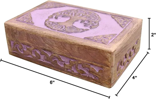 Vista 2 de DharmaObjects Caja de almacenamiento de madera tallada a mano con árbol de la vida celta (morado, mediano)