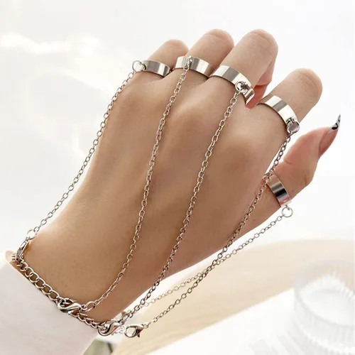 Vista 2 de Pulsera de anillo, cadena de mano, anillos de dedo para mujer, pulsera punk, garras de dedos, pulseras para adolescentes, niñas, ajustable