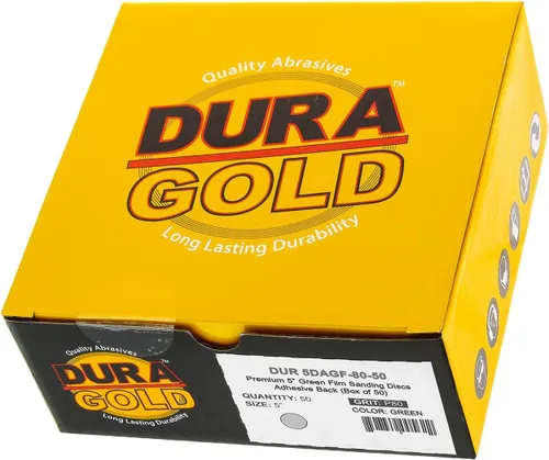 Vista 4 de Dura-Gold Discos de lija PSA de película verde de 5 pulgadas, grano 80 (caja de 50), discos de papel de lija autoadhesivos con parte trasera