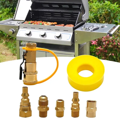 Vista 7 de Válvula adaptadora de conexión rápida de propano para RV, enchufe de flujo completo NPT de 1/4 pulgadas macho/hembra y kit rápido de 3/8 pulgadas