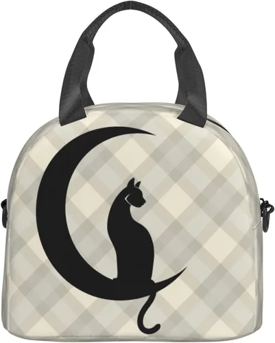 Vista 2 de Bolsa de almuerzo con diseño de gato negro a cuadros, reutilizable, aislada, bolsa de almuerzo con correa de hombro ajustable para oficina, trabajo