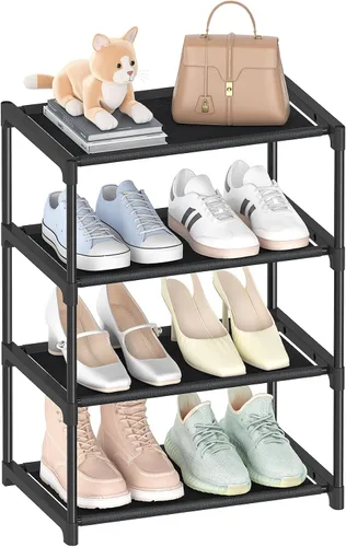 Vista 8 de HITHIM Zapatero pequeño de 3 niveles, organizador de zapatos apilable estrecho, soporte para zapatos resistente, zapatero de metal de tela no tejida