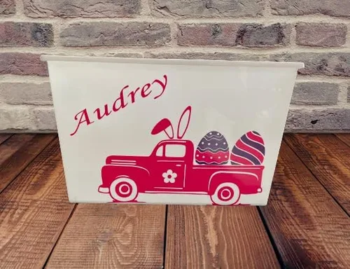 Vista 2 de Cesta de Pascua personalizada para niños, cubo personalizado con nombre, cubo con asas, decoración de regalo (cubo negro)