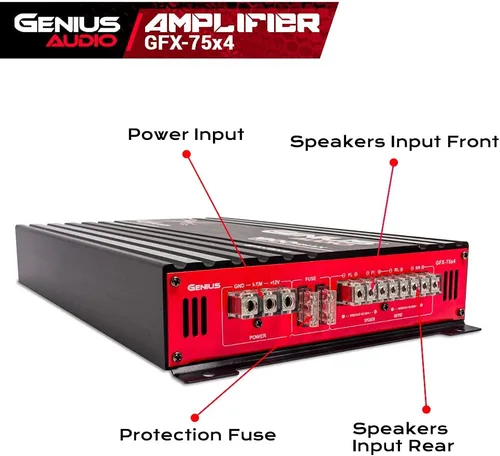 Vista 4 de Genius Audio GFX-75X4 Amplificador de coche de rango completo multicanal 1800 vatios Clase máxima AB 2 ohmios estable con sistema de protección