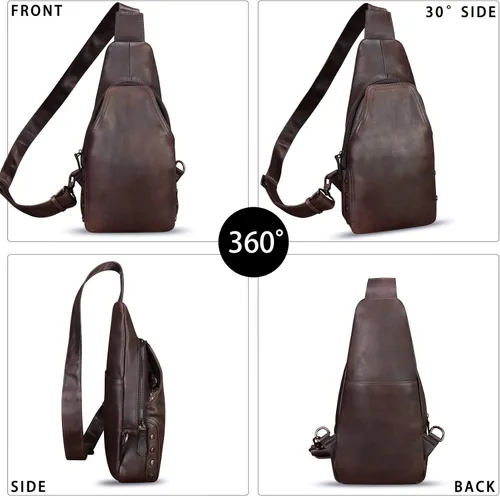 Vista 2 de Bolso de cuero genuino para mujeres y hombres hecho a mano de cuero bandolera mochila pecho bolso bandolera bandolera, Café, Mochilas Sling
