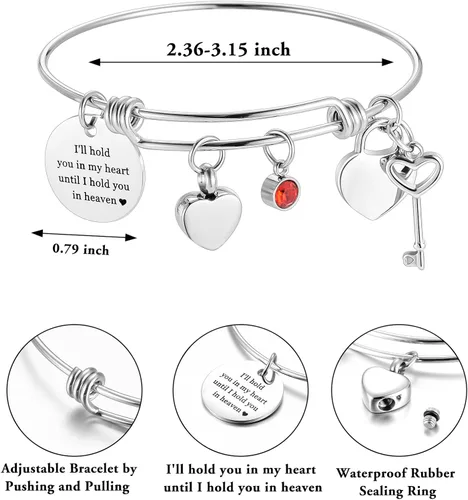 Vista 2 de Pulsera de urna para cenizas con forma de corazón para cenizas de acero inoxidable con dije de mariposa o cruz