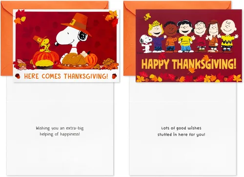 Vista 4 de Hallmark Surtido de tarjetas de Acción de Gracias de Peanuts, Snoopy y amigos (16 tarjetas surtidas con sobres)