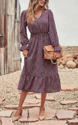 Vista 2 de PRETTYGARDEN Vestido de otoño casual de manga larga para mujer, estilo bohemio, plisado, cuello en V, volantes, estampado floral, vintage, vestidos