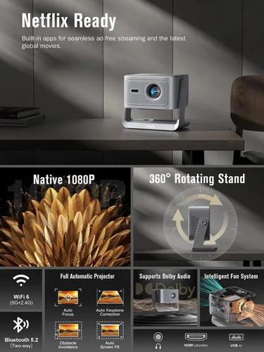 Vista 3 de 【Ahora con Netflix y 3000 ANSI】Proyector inteligente 4K con WiFi y Bluetooth, VISSPL 3D Dolby Audio y enfoque automático, proyector portátil