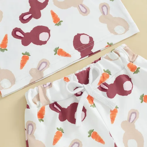 Vista 4 de Muasaaluxi Traje de Pascua para bebé, niña, niño, camiseta de manga corta con diseño de conejo, zanahoria, pantalones cortos para correr, 2 piezas