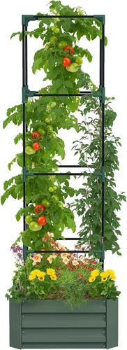 Vista 12 de Outsunny - Macetero de jardín elevado con enrejado arqueado para plantas trepadoras de enredadera, flores colgantes, macetero de madera