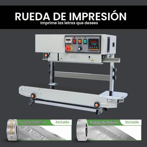 Vista 3 de U.S. Solid Sellador automático de banda continua con soporte, máquina industrial de sellado de bolsas con contador y codificador de relieve, alta