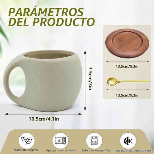 Vista 2 de Taza de café de cerámica con platillo de madera natural y cuchara, 8.5