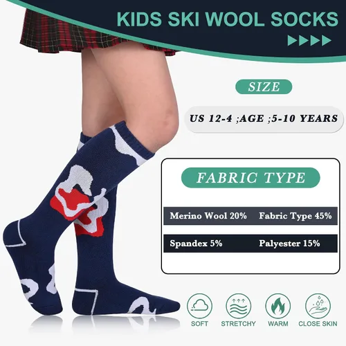 Vista 2 de Uyomal Calcetines de esquí de lana merino para niños 2 pares calcetines térmicos de invierno cálidos para snowboard para niños y niñas rojo azul